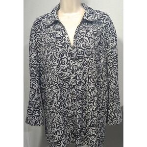 Black White Rose Print Button Up Collared Long‎ Sleeve Shirt Top Blouse Size 3X